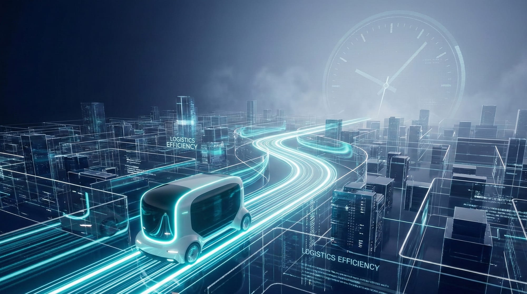 一輛未來派自動物流車在數位城市中高速行駛，背景疊加巨大的時鐘影像與數據光流。圖中顯示「LOGISTICS EFFICIENCY」字樣，象徵在中國電商淘汰賽與即時零售的競爭中，履約效率與時間成本是勝負的關鍵。