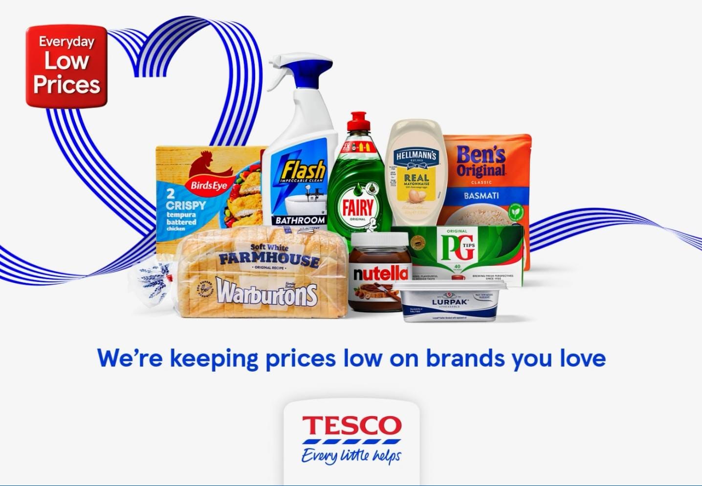 Tesco 賣場內使用藍白條紋標示 Everyday Low Prices 品牌商品