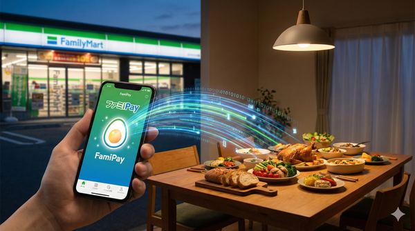 日本全家 FamiPay App 雞蛋折價策略示意圖，手機數據流向家庭餐桌，象徵超商超市化與數據佈局。