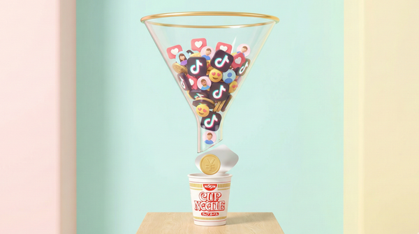 TikTok Shop 日本銷售危機分析示意圖：社群流量漏斗僅轉換出微薄營收至日清杯麵中